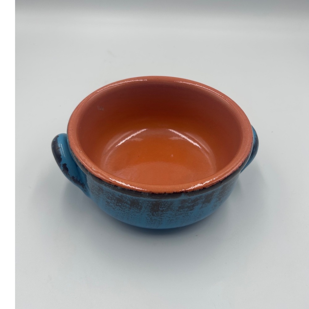 De Silva Pottery Terra Cotta Glazed Soup Bowl Made in Italy Blue Orange Handles